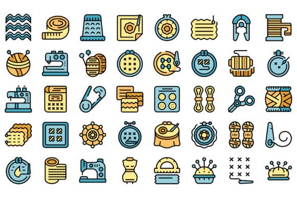 Reviewing Embroidery Class Icons Set Vector Flat for Boutique Sweatshirts